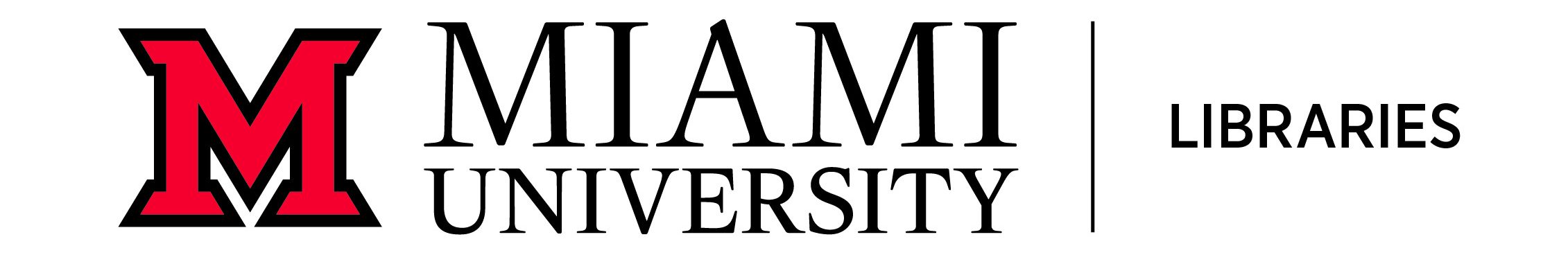 The bold red Miami University 'M' with a black outline is on the far left. To its right are the words Miami Universty, stacked on top of each other, followed by a vertical line, then the word Libraries.